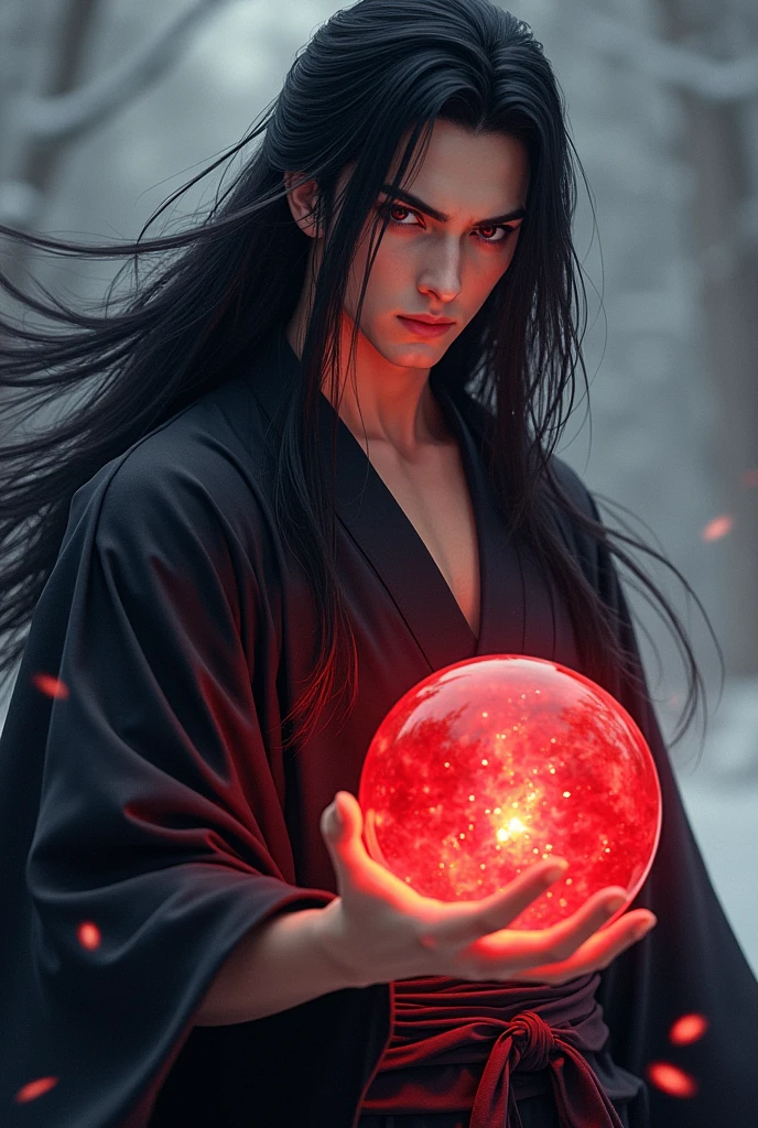 black haired, cold looking man, black eyes, long hair, majestic features, wearing a kimono, holding a glowing red ball of energy in his hand, novel cover.