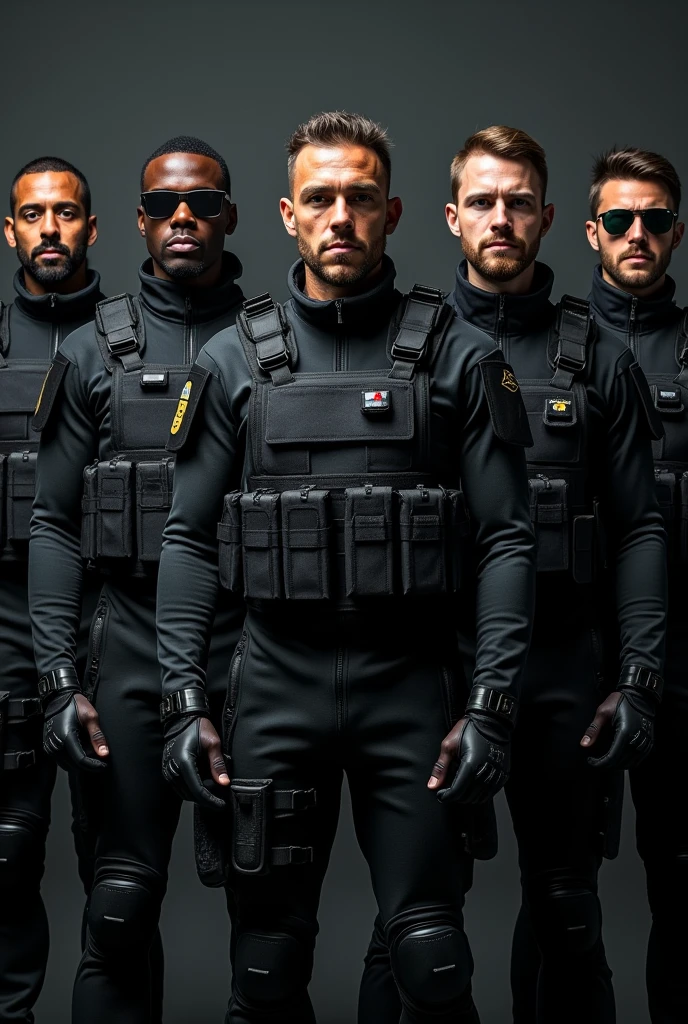 Create a group of 6 men, different from each other, Handsome, muscular, thin, each dressed in a well-equipped black combat suit