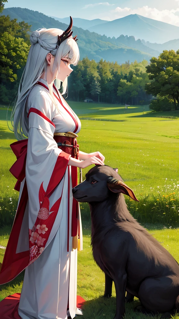 Title: Mythical Encounter in the Hills

Description: Create a digital artwork featuring two characters in a lush, green landscape with rolling hills and a clear sky. The scene should blend traditional Japanese elements with mythical themes, creating an intriguing narrative.

Characters:

Foreground Character:
Appearance: Mythical creature with green skin, long white hair, and large curved horns, resembling a humanoid goat.
Attire: Adorned with red and gold bracelets, intricate white markings on the face.
Pose: Seated on the grass with one hand resting on the ground and the other holding a red string or thread.
Expression: Calm and contemplative.
Background Character:
Appearance: Human figure wearing traditional Japanese attire, possibly a kimono with white fabric and red patterns.
Hair: Black, styled in an updo with red ornaments.
Pose: Standing behind the mythical creature, facing away from the viewer, looking towards the horizon.
Expression: Serene and thoughtful.
Setting:

Location: Lush, green landscape with rolling hills and distant mountains.
Time of Day: Daytime with a clear sky and soft sunlight.
Atmosphere: Peaceful and serene, with a sense of harmony between the characters and their surroundings.
Details:

Lighting: Use soft, natural lighting to highlight the characters and create a sense of depth.
Costume Design: Reflect traditional Japanese attire with attention to detail in patterns and accessories.
Atmosphere: Incorporate elements like gentle sunlight and subtle shadows to enhance the tranquil mood.
Text Elements:

Top Right Corner: Japanese character “理” (meaning “reason” or “logic”).
Bottom Left Corner: Japanese text &quot;Really scary fairy tales&quot; (translates to “truly scary fairy tales”).