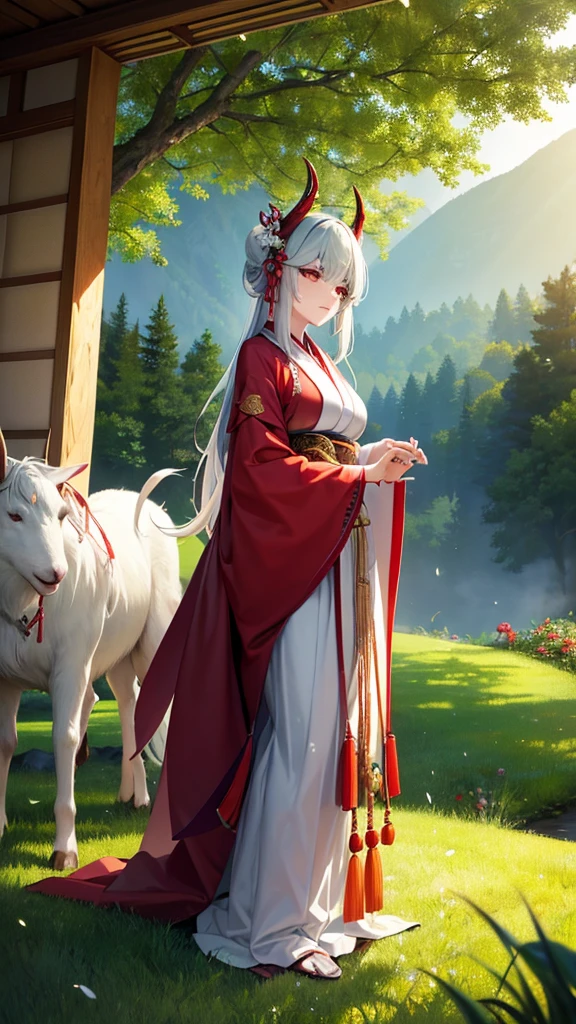 Title: Mythical Encounter in the Hills
Description: Create a digital artwork featuring two characters in a lush, green landscape with rolling hills and a clear sky. The scene should blend traditional Japanese elements with mythical themes, creating an intriguing narrative.
Characters:
Foreground Character:
Appearance: Mythical creature with green skin, long white hair, and large curved horns, resembling a humanoid goat.
Attire: Adorned with red and gold bracelets, intricate white markings on the face.
Pose: Seated on the grass with one hand resting on the ground and the other holding a red string or thread.
Expression: Calm and contemplative.
Background Character:
Appearance: Human figure wearing traditional Japanese attire, possibly a kimono with white fabric and red patterns.
Hair: Black, styled in an updo with red ornaments.
Pose: Standing behind the mythical creature, facing away from the viewer, looking towards the horizon.
Expression: Serene and thoughtful.
Setting:
Location: Lush, green landscape with rolling hills and distant mountains.
Time of Day: Daytime with a clear sky and soft sunlight.
Atmosphere: Peaceful and serene, with a sense of harmony between the characters and their surroundings.
Details:
Lighting: Use soft, natural lighting to highlight the characters and create a sense of depth.
Costume Design: Reflect traditional Japanese attire with attention to detail in patterns and accessories.
Atmosphere: Incorporate elements like gentle sunlight and subtle shadows to enhance the tranquil mood.
Text Elements:
Top Right Corner: Japanese character “理” (meaning “reason” or “logic”).
Bottom Left Corner: Japanese text "Really scary fairy tales" (translates to “truly scary fairy tales”).