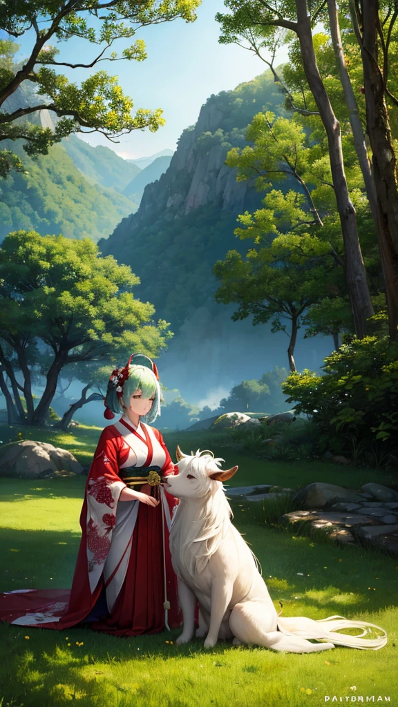 Title: Mythical Encounter in the Hills
Description: Create a digital artwork featuring two characters in a lush, green landscape with rolling hills and a clear sky. The scene should blend traditional Japanese elements with mythical themes, creating an intriguing narrative.
Characters:
Foreground Character:
Appearance: Mythical creature with green skin, long white hair, and large curved horns, resembling a humanoid goat.
Attire: Adorned with red and gold bracelets, intricate white markings on the face.
Pose: Seated on the grass with one hand resting on the ground and the other holding a red string or thread.
Expression: Calm and contemplative.
Background Character:
Appearance: Human figure wearing traditional Japanese attire, possibly a kimono with white fabric and red patterns.
Hair: Black, styled in an updo with red ornaments.
Pose: Standing behind the mythical creature, facing away from the viewer, looking towards the horizon.
Expression: Serene and thoughtful.
Setting:
Location: Lush, green landscape with rolling hills and distant mountains.
Time of Day: Daytime with a clear sky and soft sunlight.
Atmosphere: Peaceful and serene, with a sense of harmony between the characters and their surroundings.
Details:
Lighting: Use soft, natural lighting to highlight the characters and create a sense of depth.
Costume Design: Reflect traditional Japanese attire with attention to detail in patterns and accessories.
Atmosphere: Incorporate elements like gentle sunlight and subtle shadows to enhance the tranquil mood.
Text Elements:
Top Right Corner: Japanese character “理” (meaning “reason” or “logic”).
Bottom Left Corner: Japanese text "Really scary fairy tales" (translates to “truly scary fairy tales”).