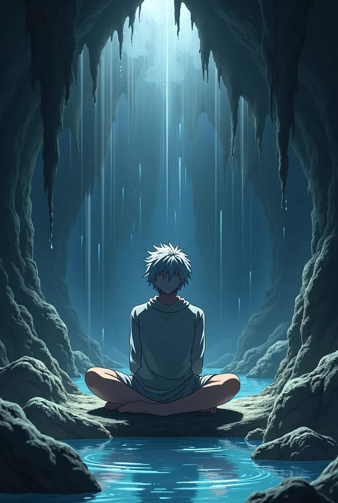 Sakata Gintoki from Gintama,Being in a cave to do meditation exercises to keep his mind away from the bad things that happen in the world, with a quiet, calm and dark atmosphere. Close up image,By showing the area around the cave which is filled with rocks and a ceiling that drips water into the surrounding area. 