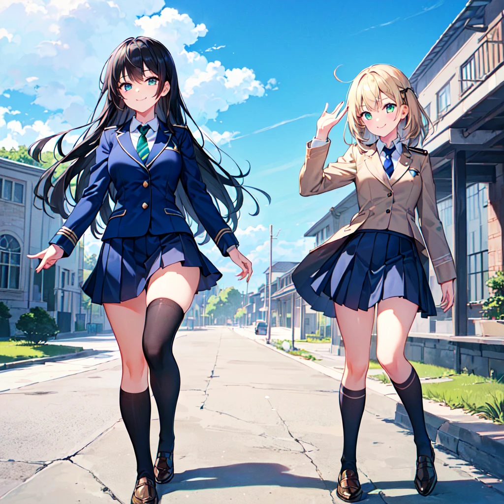 masterpiece, best quality, high quality, extremely detailed, very delicate and beautiful, (1female 1 adult solo:1.5), (long black hair with two side up:1.5), bangs to eyebrows, eyes sharp and bright (eye color magenta:1.3), 6.5 head height, (clothes navy blue uniform blazer and gray uniform skirt and tie blue-green and black knee socks:1.3), lace, (standing), ( walking :1.3),(dynamic pose), (smiling), (background School building:1.3), ( Blue sky:1.3)