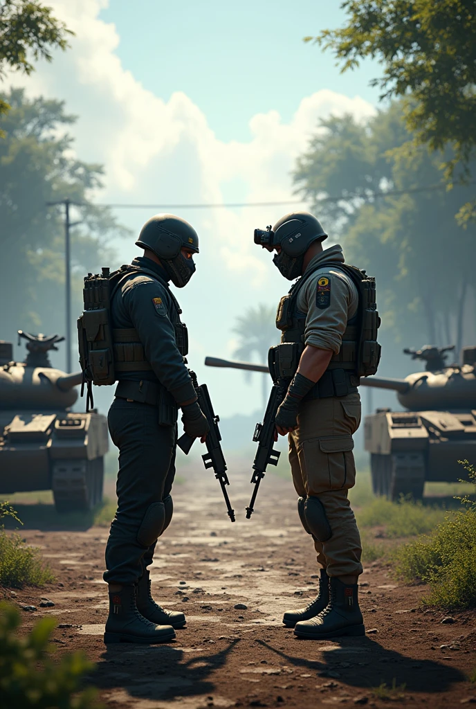  Free fire  game  player vs player  with war background and make  2 man standing  100m away from each other like game characters 
with guns in thier hand seeing  each other write at bottom  of the player BB ABBU AND BB CLON add plants and tanks  plans in background  youtube thumbnail for 4 million + views