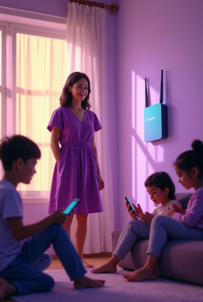 The image shows a housewife wearing a purple dress sitting in a comfortable living room., surrounded by children who are busy studying and playing with their gadgets. This mother looks happy and relaxed, with a warm purple and minimalist room background. On the wall is a Wi-Fi router "My Republik" which stands out with its modern design. Natural purple light enters through the large windows., add a comfortable and harmonious atmosphere to the family. Writing on the picture: "My Republic - Fast Internet, Thrifty Family".