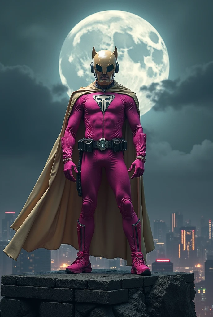 high-tech suit, vivid effects, malaysian superhero (KELUANG MAN) in a striking pink and beige costume cyberpunk design, mask small mini bat ear beige, daredevil biage mask, jumpsuit dark pink stands confidently in a dramatic, stormy landscape. ((Head covered node guard like batman , small mini ear bat mask))The character wears domino mask a helmet with pointed mini torn ears and a flowing cape biege, open nose and mouth. Equipped with visible futuristic weapons on a belt,bullet proof jacket pink dark day, dark night, big supermoon effect .logo on chest triangle shape small punisher logo center triangle cyber logo center on chest pink logo mini logo . rocky. Building top. , adding to --ar 3:4 --style raw --stylize 500 --v 6.1