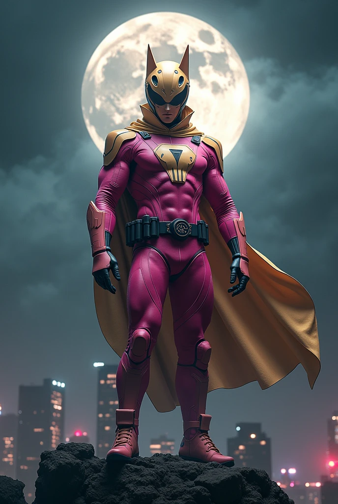 high-tech suit, vivid effects, malaysian superhero (KELUANG MAN) in a striking pink and beige costume cyberpunk design, mask small mini bat ear beige, daredevil biage mask, jumpsuit dark pink stands confidently in a dramatic, stormy landscape. ((Head covered node guard like batman , small mini ear bat mask))The character wears domino mask a helmet with pointed mini torn ears and a flowing cape biege, open nose and mouth. Equipped with visible futuristic weapons on a belt,bullet proof jacket pink dark day, dark night, big supermoon effect .logo on chest triangle shape small punisher logo center triangle cyber logo center on chest pink logo mini logo . rocky. Building top. , adding to --ar 3:4 --style raw --stylize 500 --v 6.1
