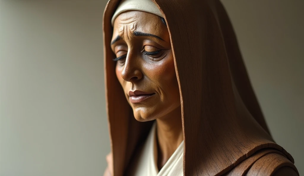 Create a realistic wooden statue of Sister Sasagawa, with a detailed and expressive style. The statue should depict Sister Sasagawa with an expression of deep emotion and sadness, with tears visible in her closed eyes. The robe and details of the garment should be precisely carved, showing the texture of the marble. The background should be neutral and understated to highlight the statue, with soft lighting that highlights the facial details and tears. The scene should convey a sense of reverence and emotional impact."