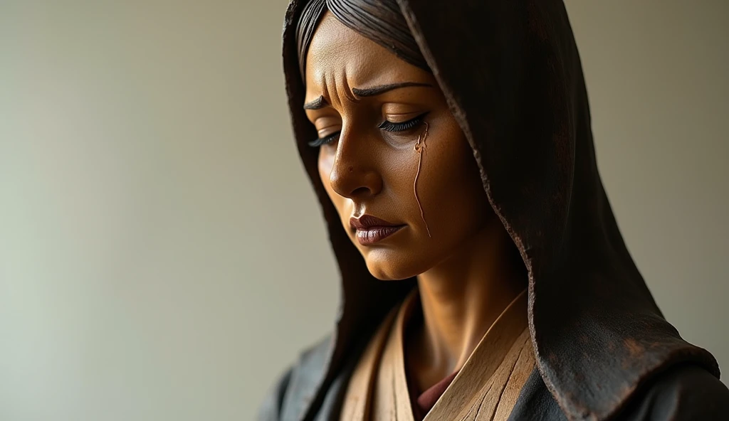 Create a realistic wooden statue of Sister Sasagawa, with a detailed and expressive style. The statue should depict Sister Sasagawa with an expression of deep emotion and sadness, with tears visible in her closed eyes. The robe and details of the garment should be precisely carved, showing the texture of the marble. The background should be neutral and understated to highlight the statue, with soft lighting that highlights the facial details and tears. The scene should convey a sense of reverence and emotional impact."