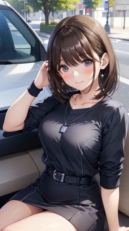 anegasaki nene、Shiny brown hair, short hair, (Beautiful brown eyes、Sparkling eyes, Fine grain)、smile、超Detailed eyes、Highly detailed face, 非常にDetailed eyes,Cowboy Shot、
((Highest quality, 8k, masterpiece:1.3)),
Perfect Body Beauty:1.4, Hip:1.2, ((Delicate hair)), (Sweater dress:1.1) , (sports car, street: 1.2), Highly detailed faceと肌の質感, Detailed eyes, double eyelid, Whitening skin, smile, Put on a necklace, ring, People sitting with their butts up in the car々,