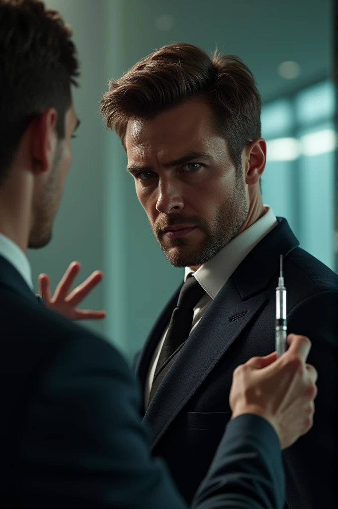 A sexy handsome man is talking to someone on a meeting suddenly from behind a man comes and inject a injection on his chest on jacket 