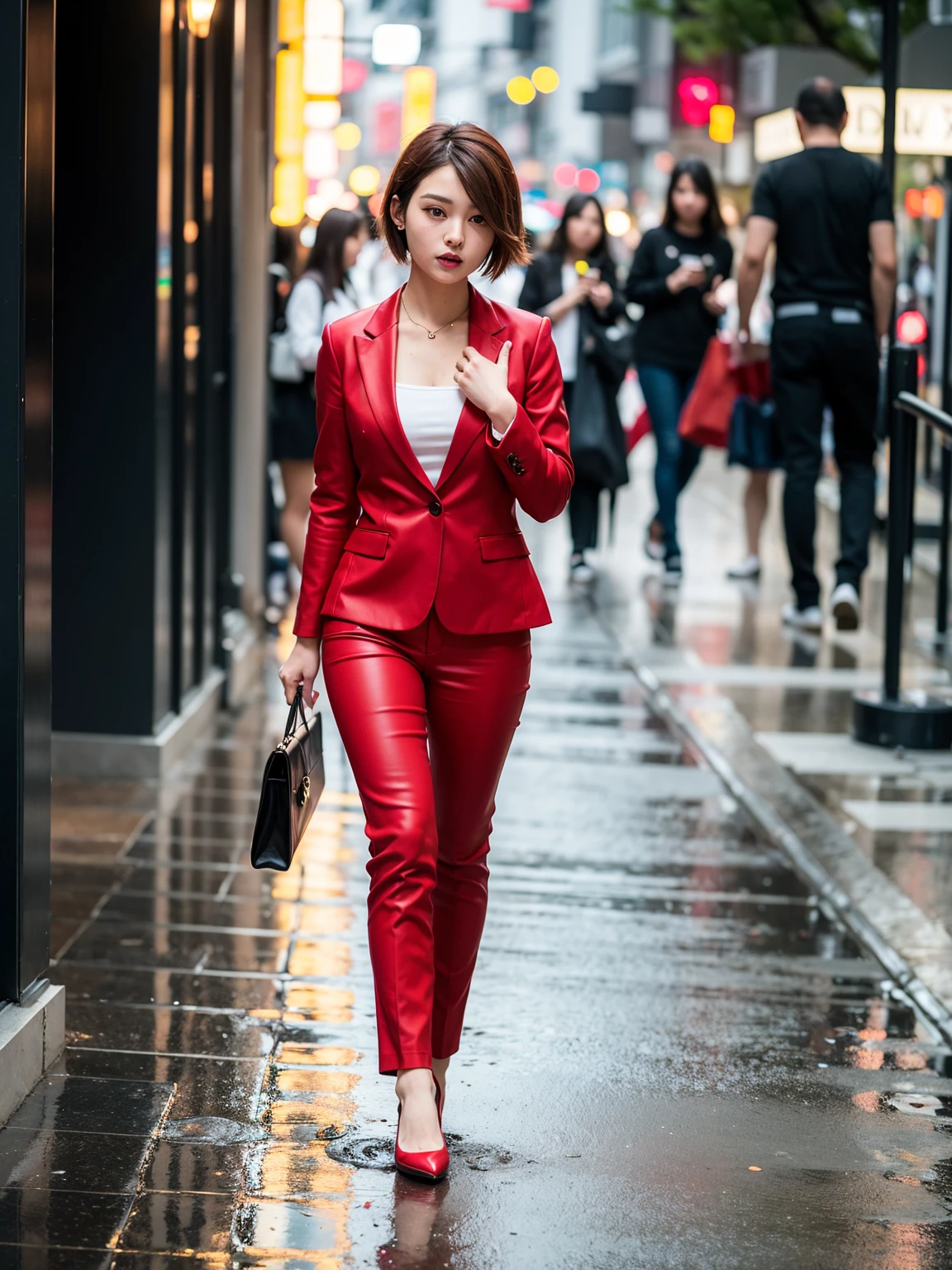 Top quality, A striking short-haired woman with a fiery red pixie cut, her hair shimmering in the light as it perfectly complements her bold and confident aura. She is dressed in an all-red ensemble that exudes power and elegance—a tailored red blazer over a deep red satin blouse, paired with form-fitting red trousers. Her look is completed with red stilettos and a sleek red clutch that she holds with effortless grace. Her makeup is daring yet refined, featuring a smoky red eyeshadow, defined brows, and a glossy red lip that adds a touch of glamour. The scene is set in a bustling city at night, with red neon lights reflecting off wet pavement, casting an ambient red glow that mirrors the intensity of her presence. The overall atmosphere is both modern and electric, making her the focal point of the scene.