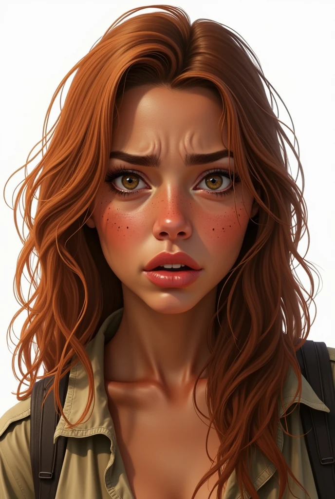 Create a hyper-realistic illustration of a young woman, skin tanned, marked dashes, eyes browns, and long hair, well combed back and coppery brown color, safari outfit, white background, scared