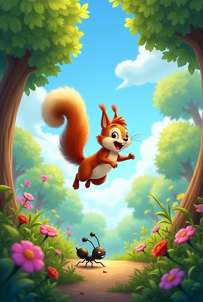 2. **Sammy the Squirrel Playing:**
- "A playful squirrel named Sammy, with a bushy tail, is seen jumping from one tree branch to another, carefree and joyous. The scene is set in a vibrant forest with colorful flowers, green foliage, and a clear blue sky. Below, Andy the ant is visible on the ground, working hard, contrasting with Sammy's playful demeanor."
3. **Winter Arrives in the Forest:**
- "A transformation scene of the forest from sunny and green to cold and snow-covered. Snowflakes are gently falling, and the trees are coated in white. The forest looks quiet and still, with the animals' homes covered in snow. Sammy the squirrel is shivering in his nest, looking cold and worried."
4. **Andy Sharing Food with Sammy:**
- "Inside a cozy, warm anthill, Andy the ant is seen sharing his stored food with a grateful and apologetic Sammy the squirrel. The background shows neat stacks of grains and seeds that Andy has collected, and a small fire providing warmth. The scene captures the warmth and kindness of Andy's gesture."
5. **Sammy Learning to Work Hard:**
- "A scene of Sammy the squirrel, now working diligently alongside Andy the ant in the forest. Sammy is collecting acorns and storing them in his tree hollow. The forest is in the early stages of autumn, with colorful