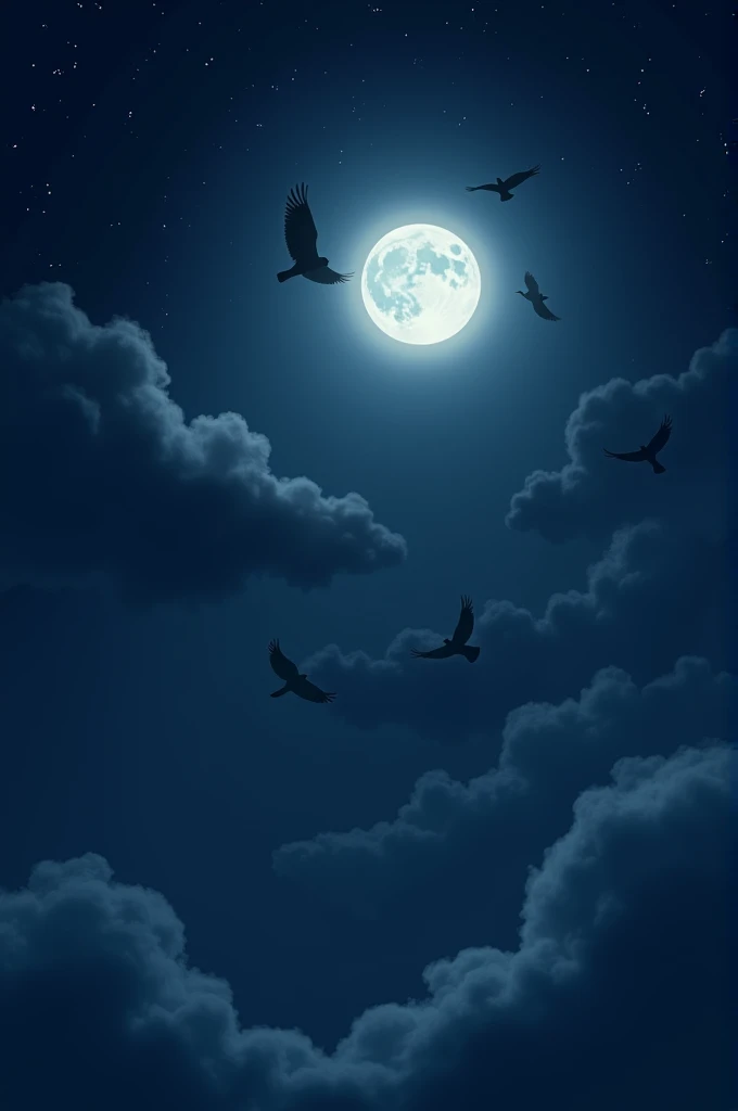 Sky night with moon and birds 