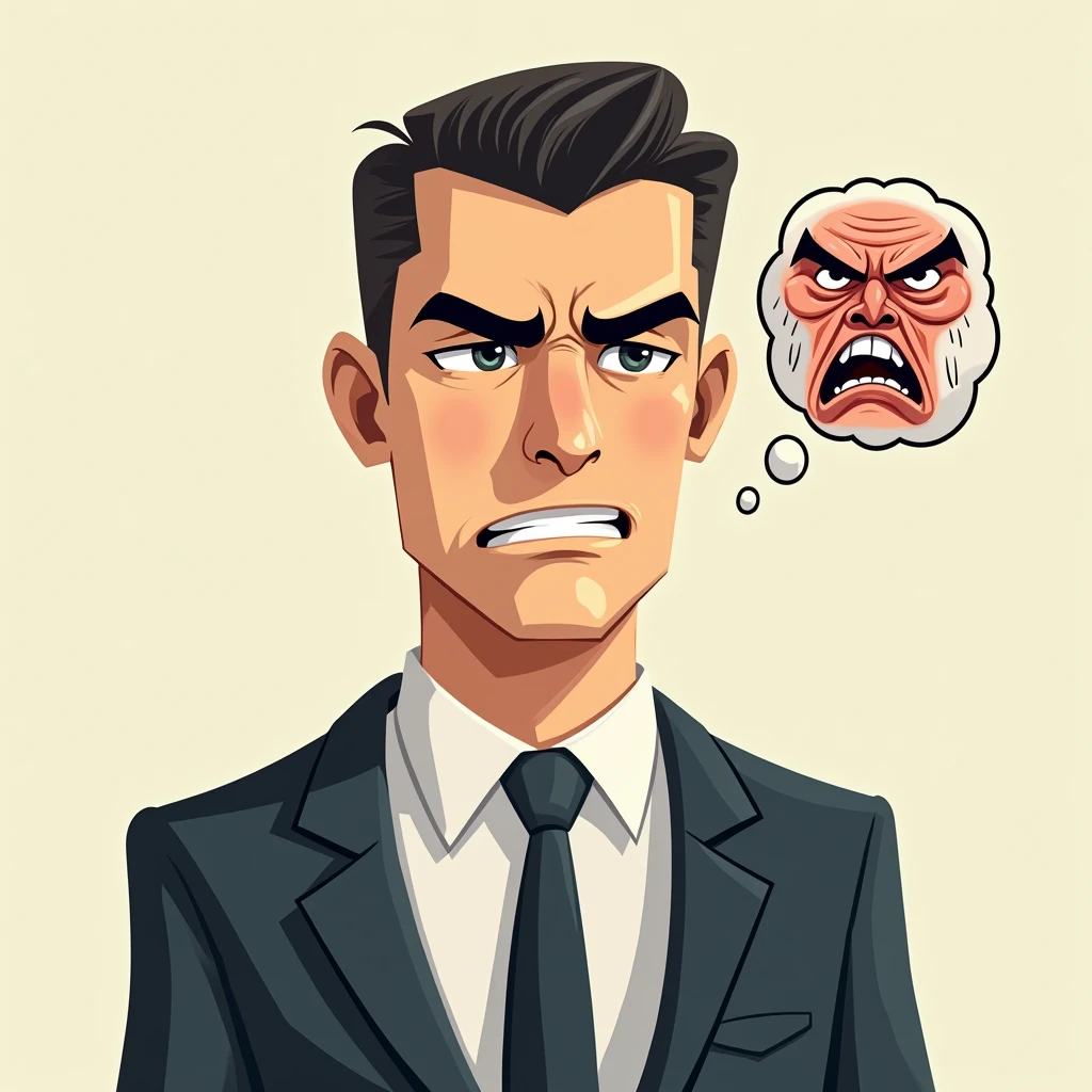 
1. **fund**: Use a simple background, like a clear wall, to highlight the figure.

2. **persona**: Draw a figure of a person in a front position, slick back undercut hair model

3. **muka**: serius face, with eyes perhaps a little forced to give the idea that it is not sincere.

4. **thought balloon**: above the person's head, draw a thought bubble. Inside the balloon, put the face with the angry expression, as if it were what the person was really thinking.

5. **Colors and Details**: Use contrasting colors for facial expressions and add details like sweat or veins on the angry side to emphasize the emotion., It has to be Cartoonized 6.**Gender**: has to be a man