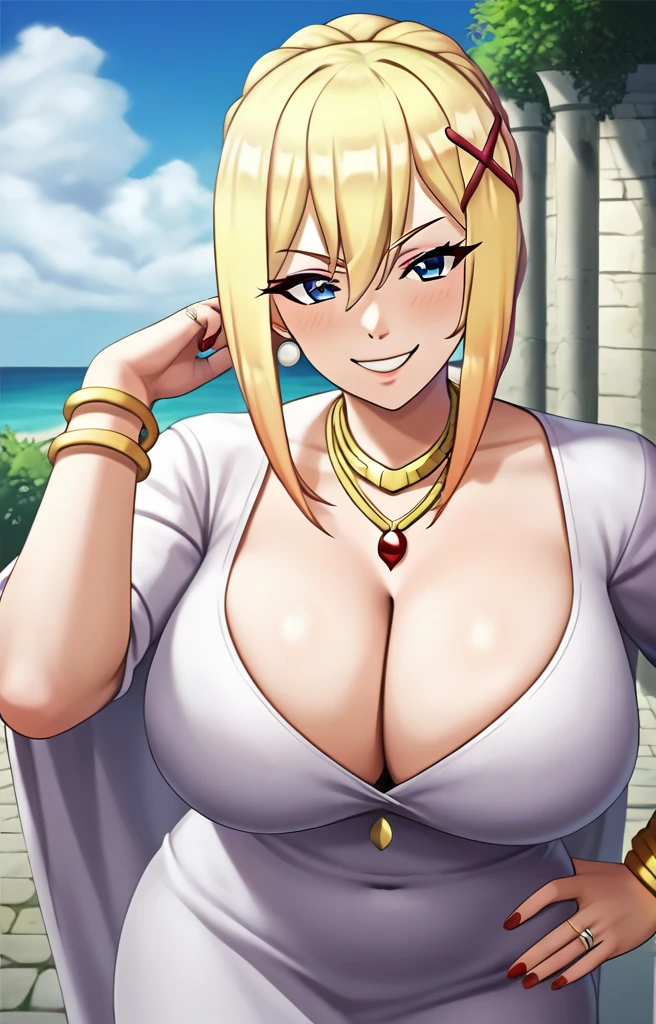 Darkness lalatina,konosuba,Big breast,Plump,Curvy figure,Golden bracelet,Half open eyes,((multi-strand necklace)),Big pearl earring,Mature,thin Classy dress,Cleavage,diamond Wedding ring,Enchanced breast,Cross hairpin,Corrupted noble,red color long nail,Queen anne cleavage,Blonde,Majestic mansion,1hand on hips,No bang hair,Noble rings,modern anime quality,Sleeve,Tight thights,Konosuba anime artstyle,Swaying hips,smile,Bob hair,light Eyeshadow,Colorless glossy Lipstic,flirty expression,Enchanched ass,Unnatural big breast,Detailed face