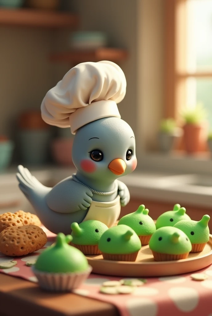 (Green hairless pufferfish cupcakes), Cute miniature「Gray color」A little dove is wearing a chef's costume and baking green puffer fish cakes in the oven.. biscuit, Cupcakes in the background.
