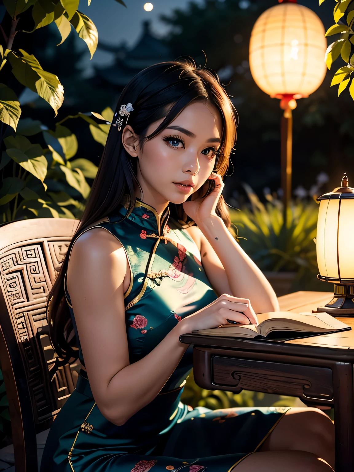 A photo of a beautiful girl in a traditional Chinese dress looking at ancient chinese book under lamp on a low table in garden surrounded by old walls in a peaceful night,((her right hold a pen and her left hand place on table)),((masterpiece)),realistic,4k,extremely detailed,((beautiful big eyes))
