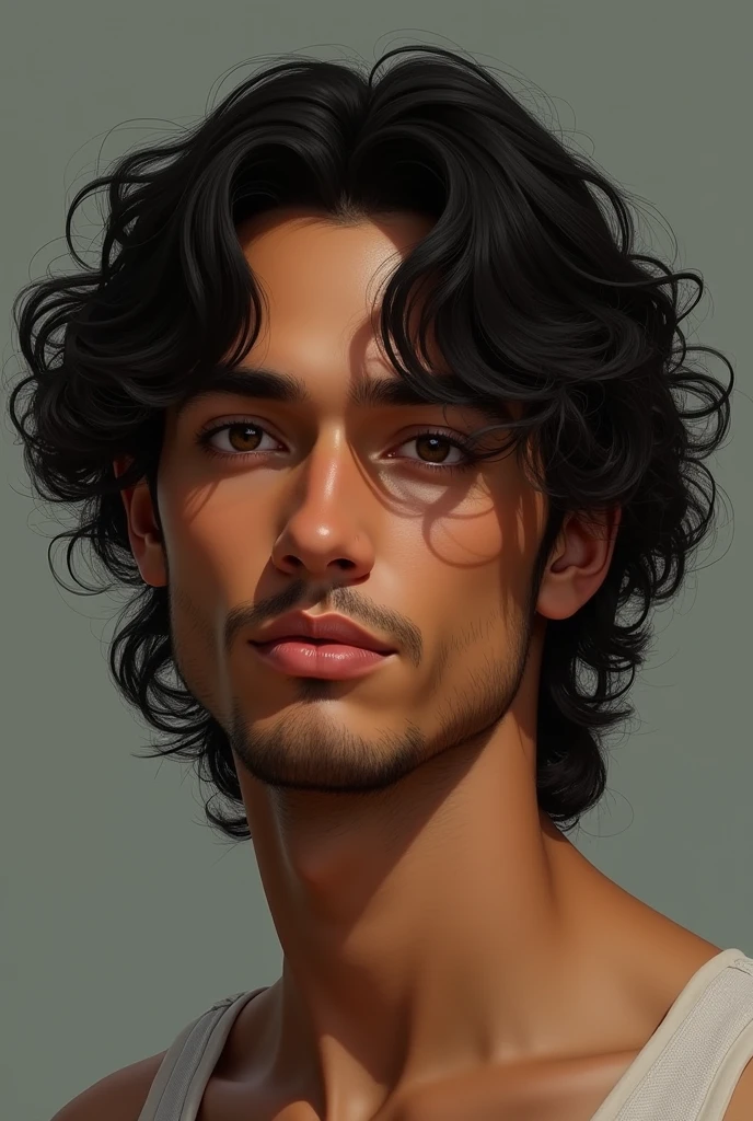 a man's face with brown skin, long curly black hair, loose brown eyes in a realistic way