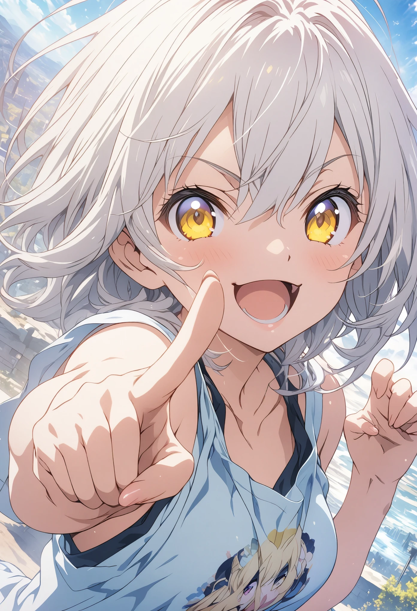 masterpiece, Highest quality, Highly detailed CG Unity 8k wallpaper, High Girl Anime Illustration. Wear an oversized tank top、Pointing a gun pose、she has her eyes closed and mouth open, smile. The background is a light pastel colored landscape., white hair color, Yellow Eyes