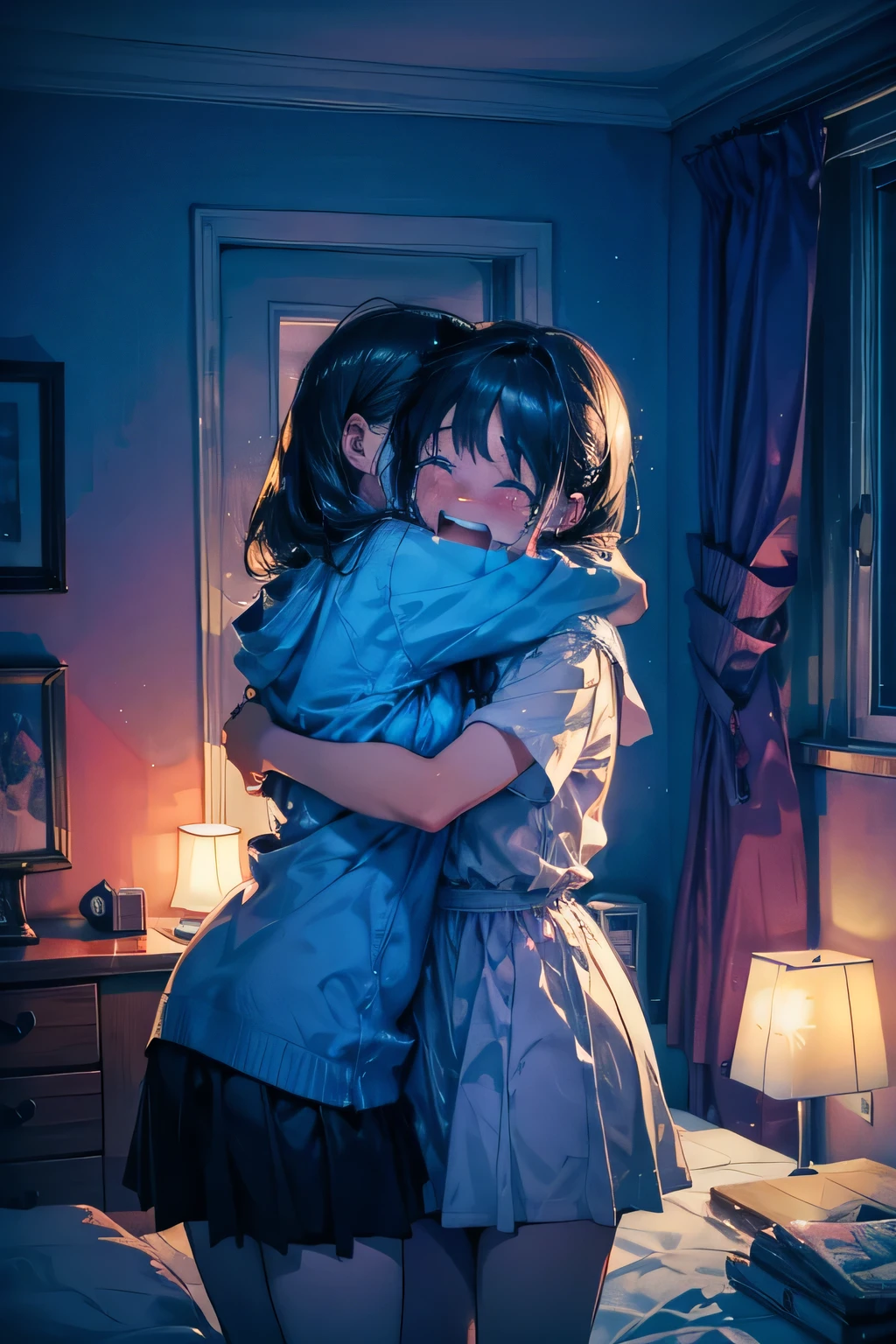 2girls,cry,tear,hug,in bedroom,at night