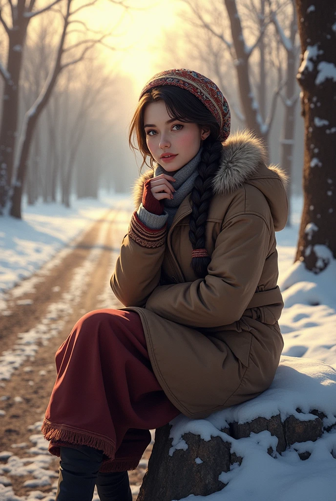 traditional russian woman clothes, hands on chin, outdoors, snow, beautiful sun rays, brunette, young, braid, large breast, no makeup, beautiful, snow, sitting on a rock on the side of the road (rural, dirt, rocks, stones, trees)