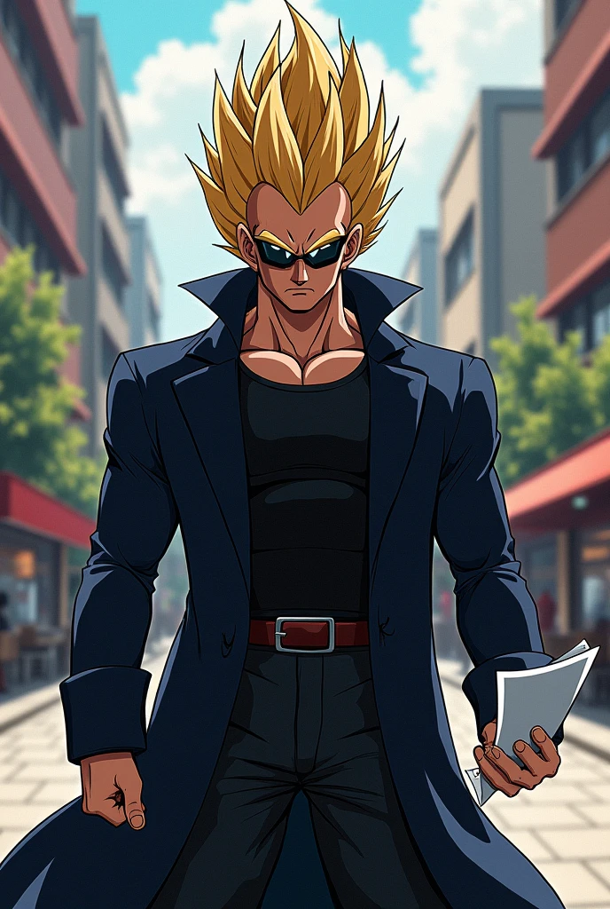 "a detailed artwork by Vegeta in an overcoat and a black shirt wearing sunglasses over his face with a serious expression, Dragon ball z, 4K, 8k, FULL HD, Corps entier, Dragon Ball Art Style, Hyperrealistic drawing style, Clean and detailed anime art, city background, vegeta saiyan, vege and he holding a paper in hand