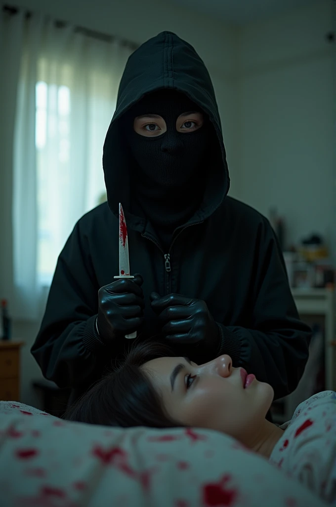 korean girl, (behind corpse, surgical mask), blood splatter, holding knife, stabbing, black gloves, room full of blood, transparent raincoat, hood up, trucker hat, holding knife, black gloves, behind corpse, short hair, night, mass murderer, robbery, in the hotel, light from the window