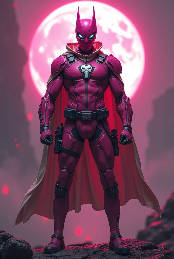 high-tech suit, vivid effects, malaysian superhero (KELUANG MAN) in a striking pink and beige costume cyberpunk design, mask small mini bat ear beige, daredevil biage mask, jumpsuit dark pink stands confidently in a dramatic, stormy landscape. ((Head covered node guard like batman , athletic body type, small mini ear bat mask))The character wears domino mask a helmet with pointed mini torn ears and a flowing cape biege, open nose and mouth. Equipped with visible futuristic weapons on a belt,bullet proof jacket pink dark day, dark night, big supermoon effect .logo on chest triangle shape small punisher logo center triangle cyber logo center on chest pink logo mini logo . rocky. Building top. , adding to --ar 3:4 --style raw --stylize 500 --v 6.1