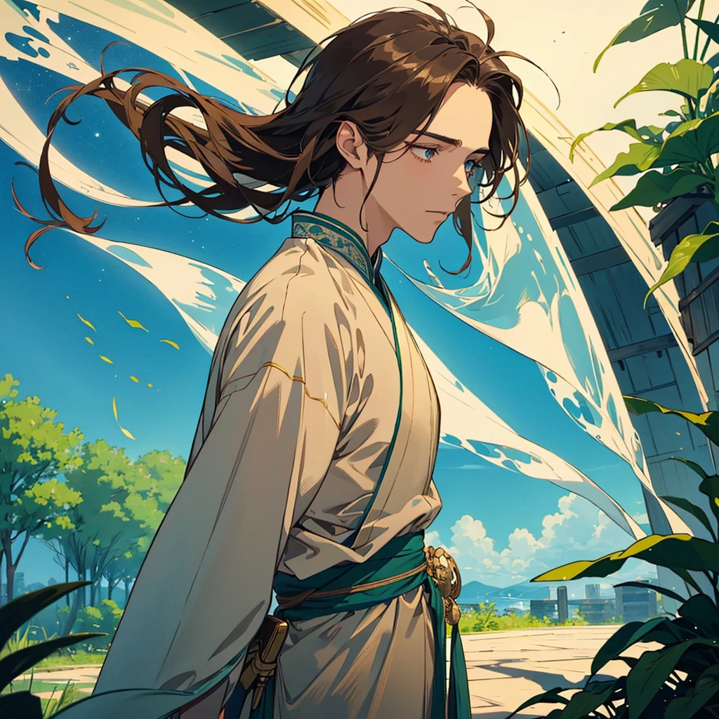 A man with long brown hair dressed in a light turquoise hanfu stands in a serene garden. His gold-shine eyes sparkle gently. He looks fragile, thin, and delicate. His face is calm and peaceful, radiating a sense of tranquility. face in profile, looking up at the sky.