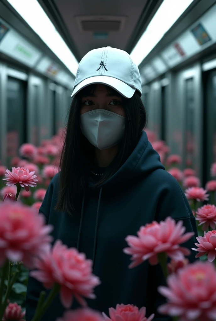 person::10, pink flowers::9, white baseball cap::8, dark clothing::7, mask::6, subway train::5, dim lighting::4, reflection::4, subdued atmosphere::5, soft colors::5