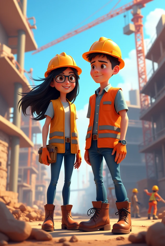 Pixar-style movie poster, couple of engineers on a construction site, the girl with glasses and black hair 