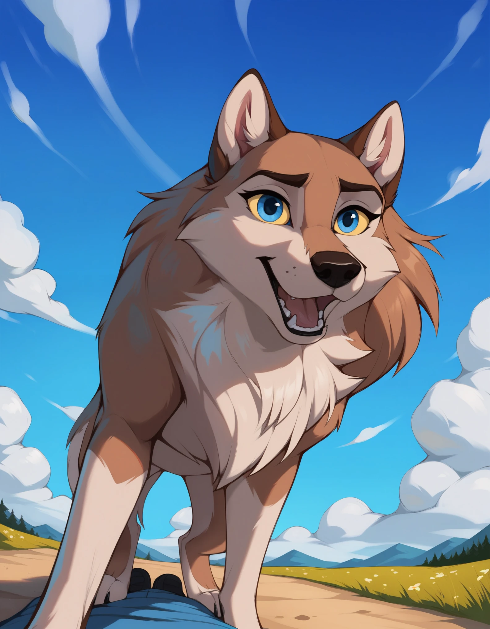 score_9, score_8_up, score_7_up, score_6_up,aleu, open mouth, blue eyes, outdoors, sky, day, blue sky, no humans, colored sclera, dog, animal focus, animalization, 1girl, wolf, animal, body fur, two tone fur, yellow sclera, doggystyle pov