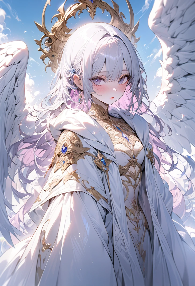 ((Original photo)), ((masterpiece)), Anthropomorphic humanoid angel girl in white royal robes, Intricate details,, A delicate Gribbles work, The sky behind, pink, Beautiful Wings, Fine eyes and lips