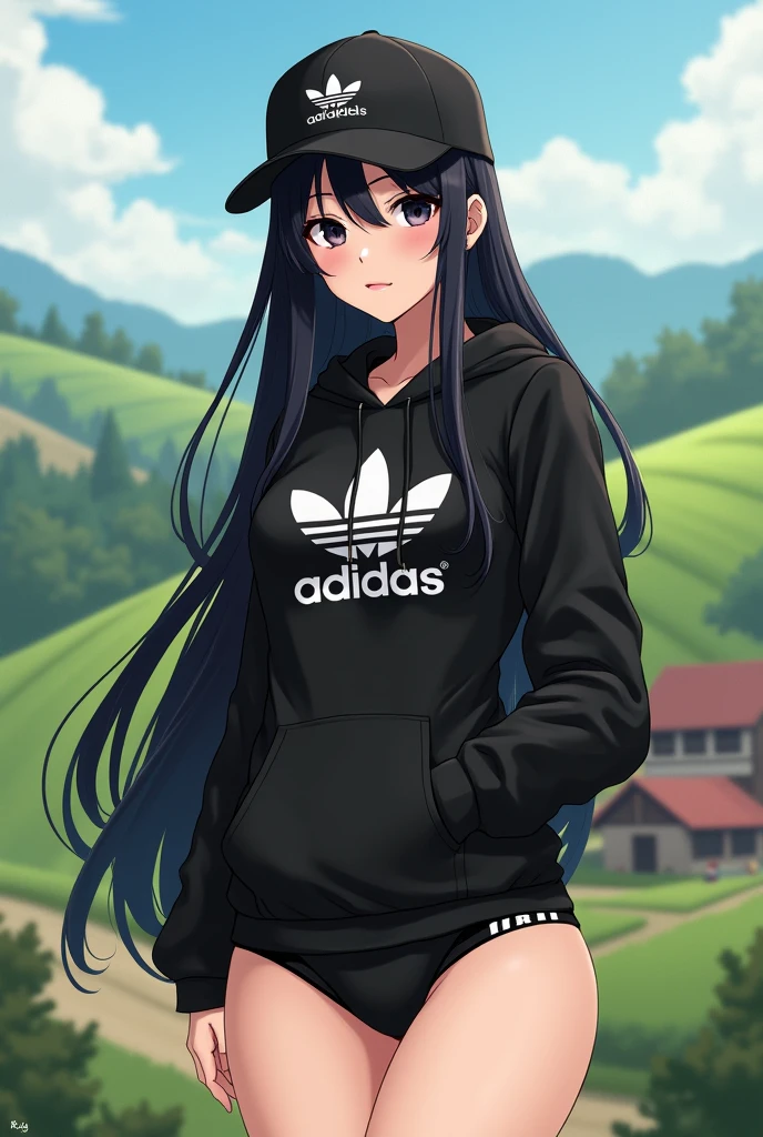 Sexy tall anime girl, long black hair, black eyes, barefoot, wear black adidas cap, wear black adidas hood, wear black panties, background is farm