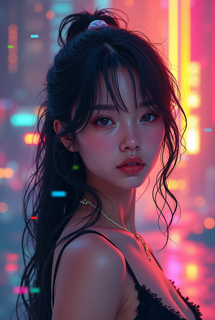 Masterpiece, Top Quality, Super Detailed, Official Art, Beautiful and Beautiful, One Girl, Glitch Art: 1.5, Colorful: 1.5
