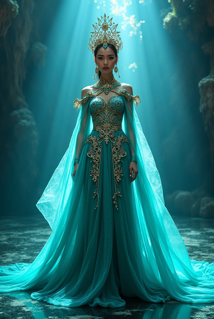 Create a national costume of miss Indonesia with the theme "The Mystical of Nyi Roro Kidul"