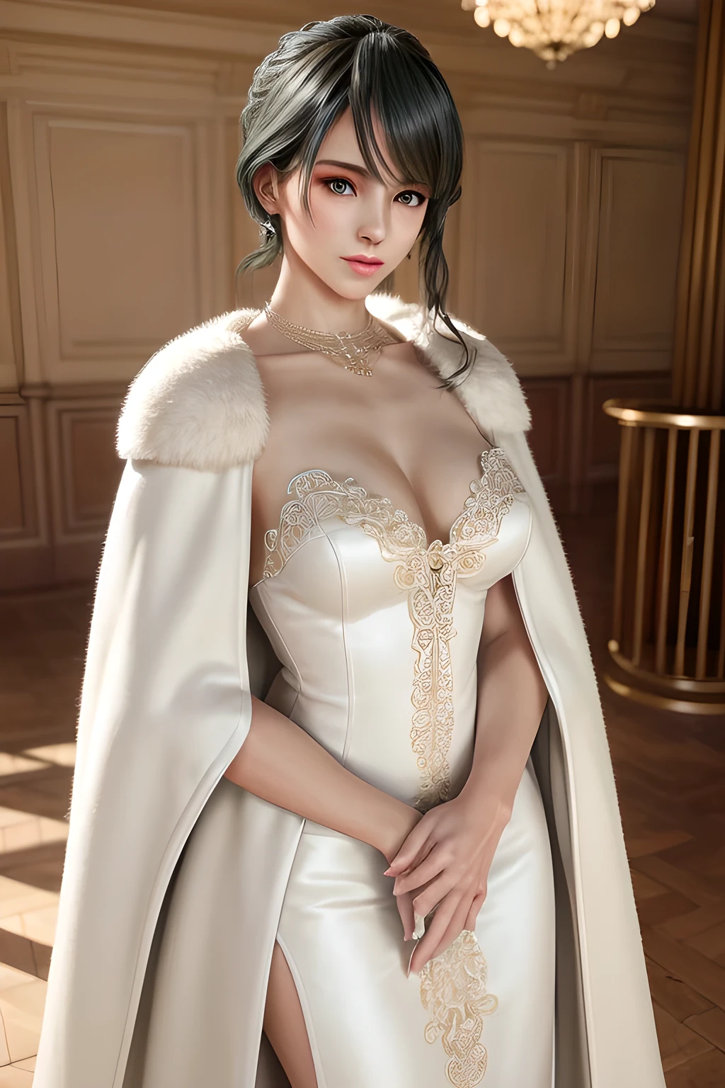 A lady with extraordinary temperament, she stands in a modern indoor space, as if she is a model from a fashion magazine. She is wearing a (pure white long fur cape), the softness and luster of which makes her look more noble under the light, and complements her (beige dress) underneath, showing her gentle temperament while maintaining a sense of fashion. The style of the dress is simple and generous, a perfect match, and it lengthens her figure, making her tall and charming. The lady's makeup is delicate and elegant, which just highlights her facial features and makes people unforgettable at first sight. Although the earrings and necklace she wears are not ostentatious, they add a bit of sophistication and nobility to her overall look. Her hair is casually draped over her shoulders, and every strand of hair exudes a natural luster,, (best quality,8k,highres,masterpiece:1.2),ultra-detailed,(realistic,photorealistic,photo-realistic:1.37),studio lighting,ultra-fine painting,sharp focus,physically-based rendering,extreme detail description,professional,vivid colors