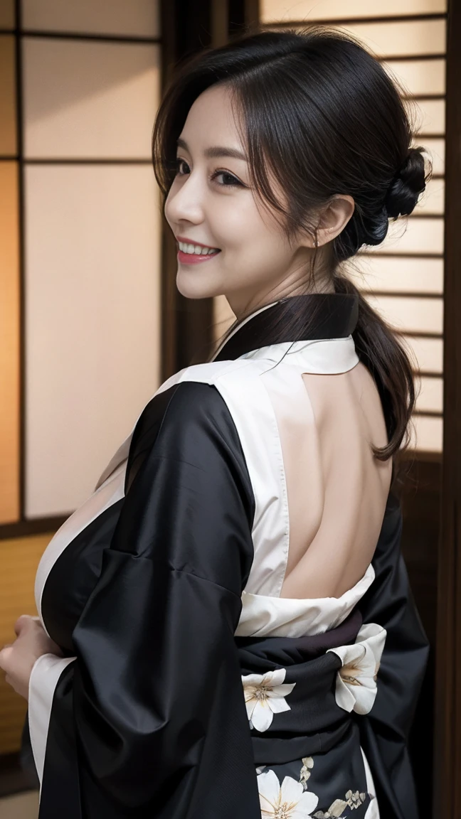 Mature attractive sexy woman,50 years old, ((kimono)),((black))、(((kimono))),Shut,((Big Breasts:1.1)),(Facial wrinkles:1.3),light makeup,Light brown hair,Long Hair,(Full body photo:0.85),(Emphasize big buttocks),8k, RAW Photos, Highest quality, Laughter,masterpiece,Highest quality、A kind smile、Captivating Gaze、Random Hairstyles、Japanese-style room、Shoji Screen、((Back view))、