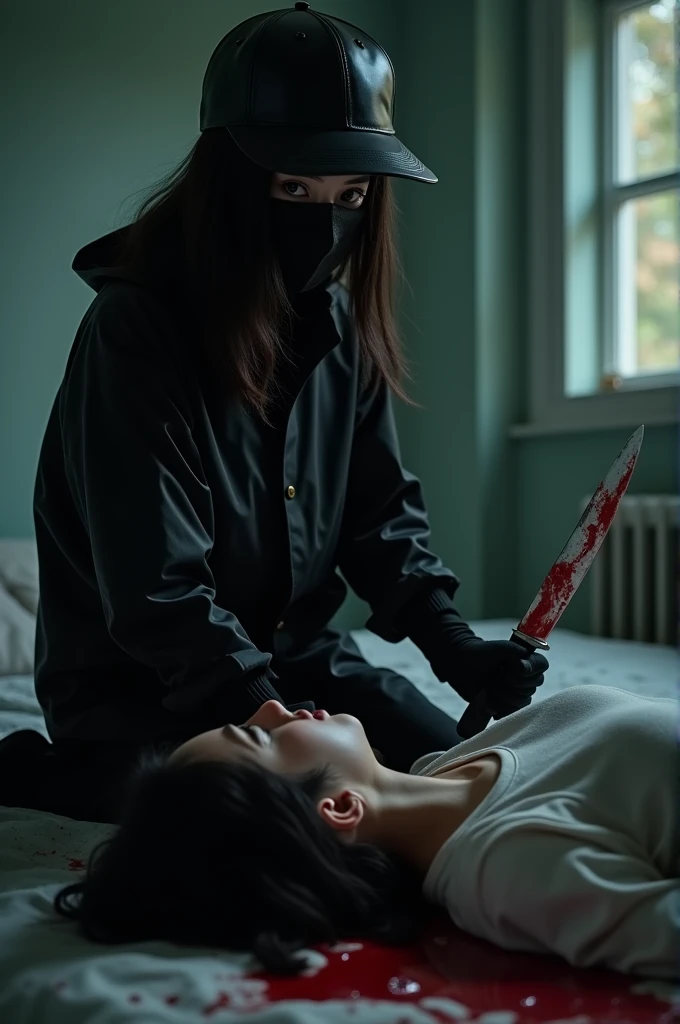 korean girl, (behind stiff, holding knife), stabbing, leather balaclava mask, black gloves, girl's room, black raincoat, trucker hat, bloody knife, black gloves, woman on top, behind cadaver, blood splatter, on the bed, looking at viewer, girl only, mass murderer, killer, blood splatter, dark atmosphere, cinematic lighting, atmospheric realistic, light from the window, close-up,