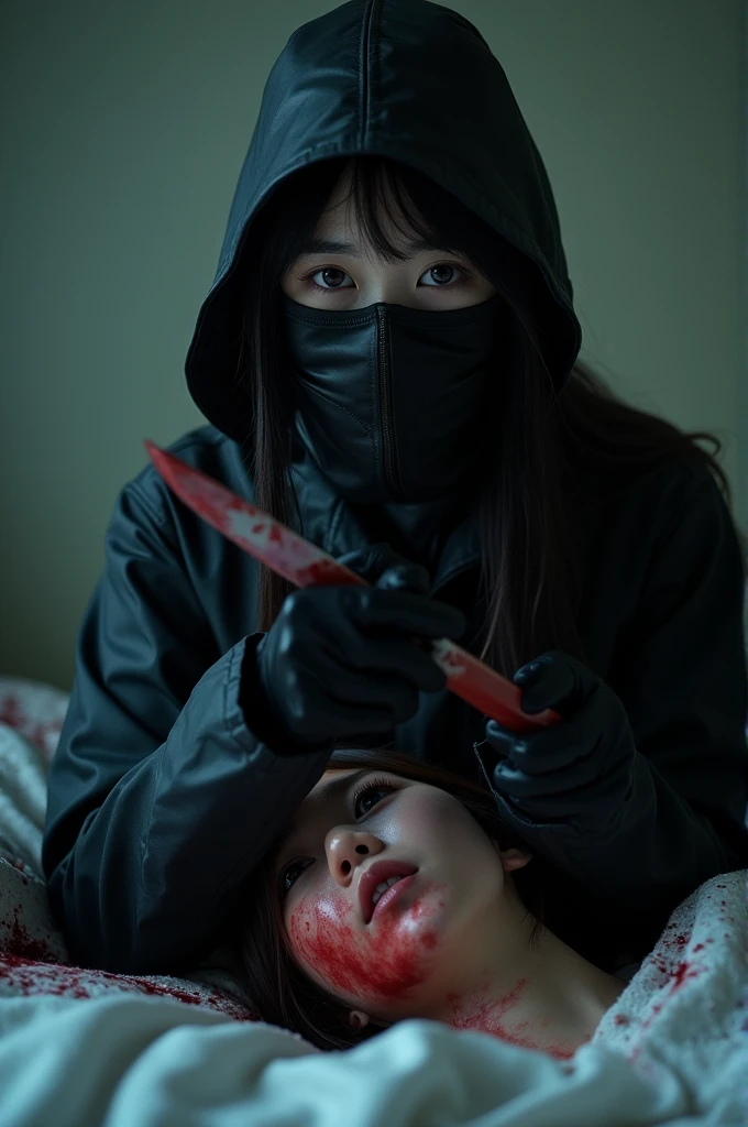 korean girl, (behind stiff, holding knife), stabbing, leather balaclava mask, black gloves, girl's room, black raincoat, trucker hat, bloody knife, black gloves, woman on top, behind cadaver, blood splatter, on the bed, looking at viewer, girl only, mass murderer, killer, blood splatter, dark atmosphere, cinematic lighting, atmospheric realistic, light from the window, close-up,