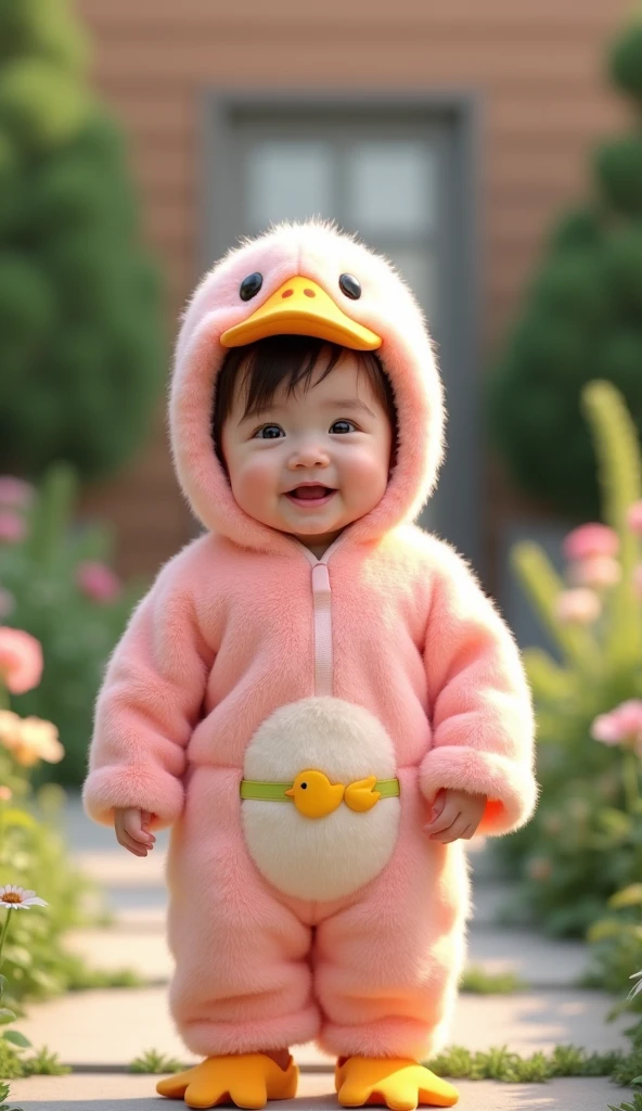 e litushing, smile, Open your mouth, High resolution, masterpiece, Highest quality, House garden、Wearing a pink duck costume、Duck-decorated belt、stand up、modern,