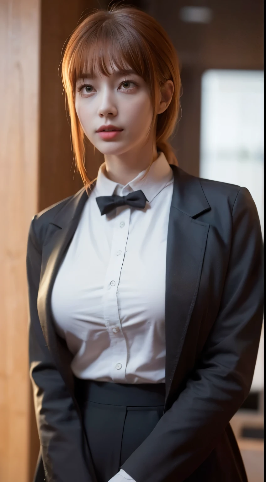 (best quality, master part, fullcolor, Dynamic angle, highest detailed) upper body photo, glad, (Makima, chainsawman), handsome fashion photography (red long hair) Kizi (Stunning mature woman), ((Massive medium breasts)), High Dress Up Detailed Office Makima Suit, white shirt black tie(high resolution textures), in doggy pose, bokeh, (details Intricate, hyperdetailed:1.15), circunstanciado, sunlight passing through hair, office background, (offcial art, extremely detaild, highest detailed),