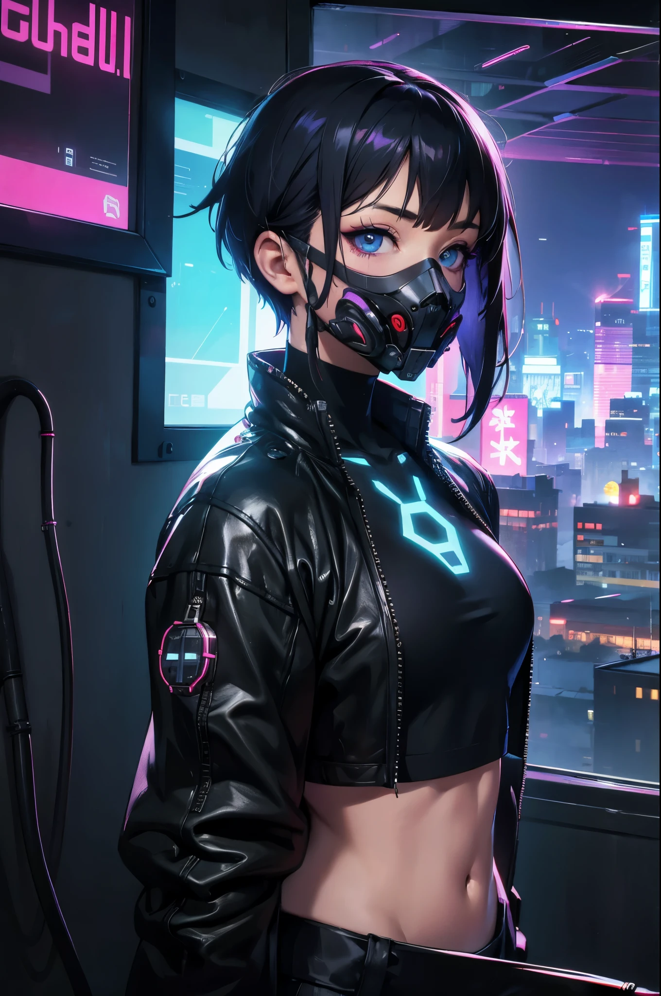 One person, alone, mask, Landscape,View your viewers,Looking out the window,cyber punkシティの夜,Relax in a modest bed,Edge of the screen,Short Hair,, whole body, Black Hair, mouth mask, Holding, blue eyes, Tank top, A large room for a single person with a large window on the front wall, , Halftone, cable,Neon Light,(cyber punk:1.2),