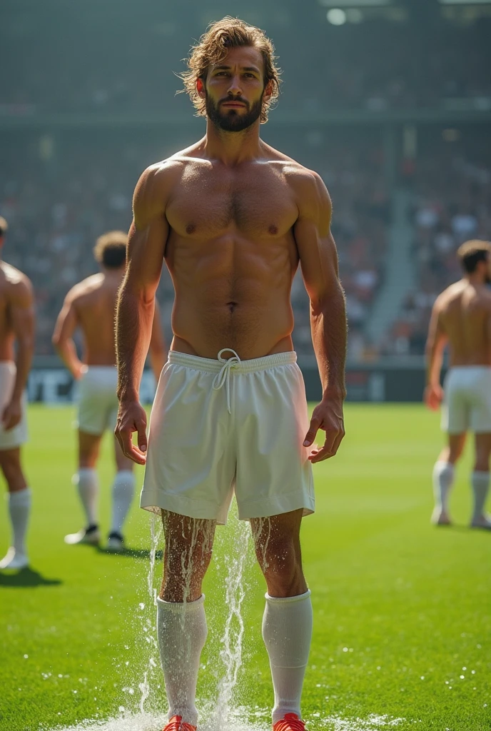 Luka Modric standing without any clothes on the soccerfield pouring water over his white shorts. Other soccer Players are lonking at him