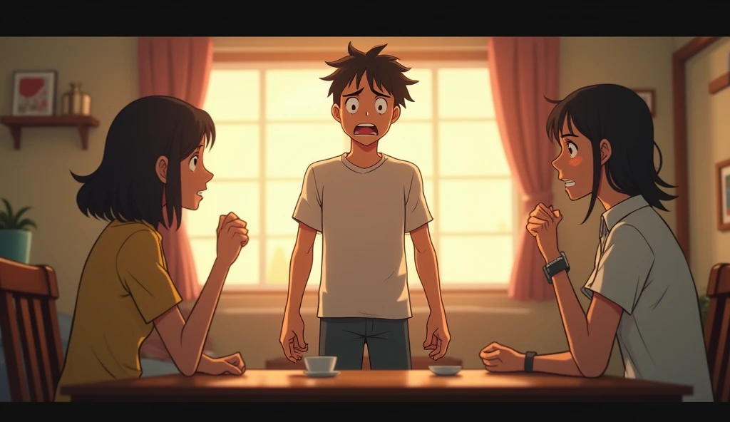 A tense, emotionally charged scene inspired by Studio Ghibli films. A young adult son, in his early 20s, stands in the middle of a cozy, softly lit room, visibly upset. His posture is stiff with anger, and his face is flushed as he argues with his parents. He has a normal, slender build, and his expression conveys a mix of frustration and hurt. His fists are clenched as he shouts, his emotions intense and raw. The parents, sitting across from him, look shocked and concerned. The father, with a stern yet confused expression, tries to respond calmly, while the mother looks hurt, her eyes filled with sadness, unsure how to react. The detailed, whimsical background typical of Studio Ghibli contrasts with the tension between the characters, soft lighting adding warmth to the scene while the emotions take center stage.