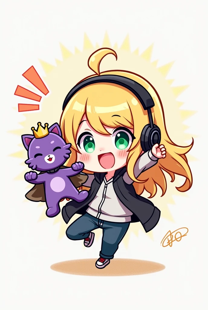 CHIBI BLONDE AUX CHEVEUX LONG AUX YEUX VERT QUI EST BEAUCOUP TROP CONTENTE ET QUI SAUTE DE JOIE ET QUI FAIT SALUT DE LA MAIN ET QUI AS UN CASQUE GAMING SUR LA TETE ET QUI PORTE DANS SES MAINS UNE PELUCHE D UN PETIT CHAT VIOLET AVEC DES SUPER POUVOIRS QUI AS SUR LA TETE UNE COURONNE DORE LE DESSIN DOIT ETRE EN MODE DESSIN