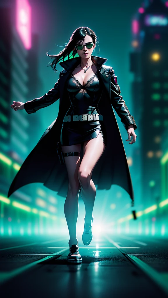 cyberpunk-style city with a nocturnal vibe with Matrix-like aesthetic references, glowing huge clock tower as time machine, green glowing cascading code. At night, (1girl, solo, alone), photorealistic, medium-breast slim:0.6 body, oval:0.5 face, cleavage:1.1, sexy black laced bra, miniskirt, white laced panty, coat, (black micro sunglasses), (holding a short gun), (slightly leaning forward running pose), ((half-body thigh level medium shot)), cinematic lighting, ray tracing, radial zoom blurred background.
