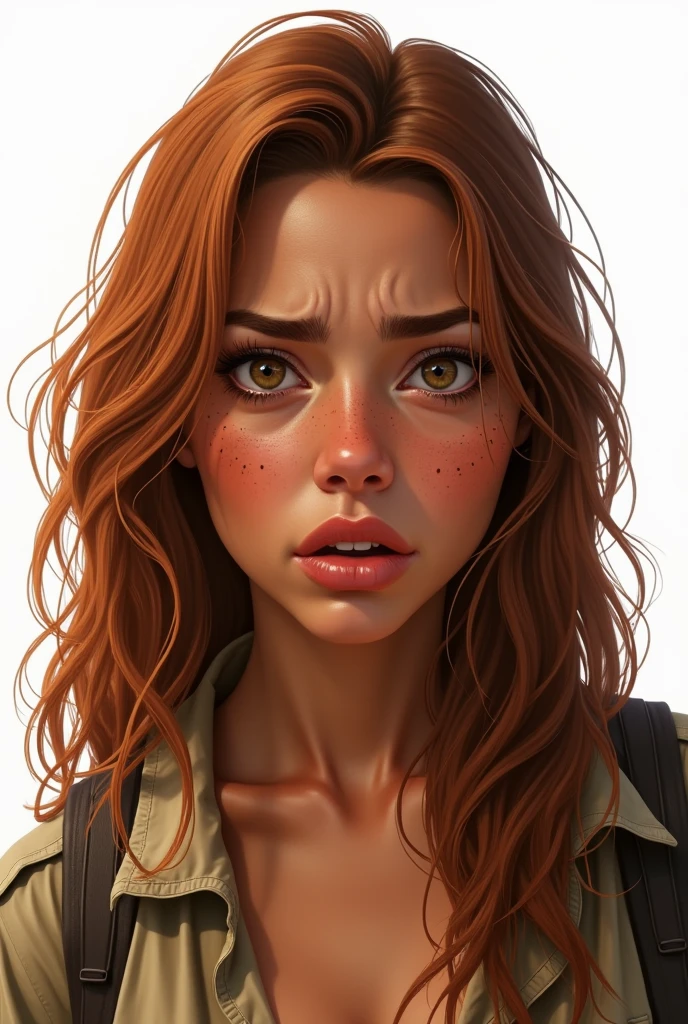 Create a hyper-realistic illustration of a young woman, skin tanned, marked dashes, eyes browns, and long hair, well combed back and coppery brown color, safari outfit, white background, scared